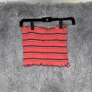 Y2k Billabong Coral Stripe Smocked Tube Top M/M Strapless Ruffle Hem